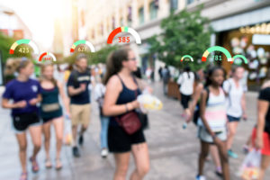 people walking around with credit scores depicted over their heads
